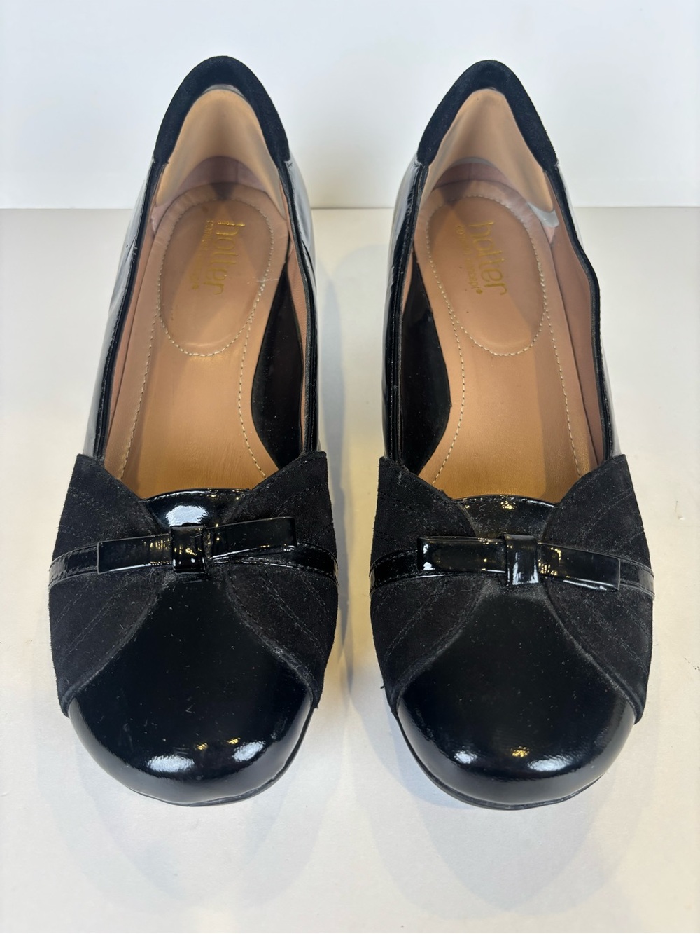 Hotter Amber Black Patent Leather Suede Bow Wedge Pumps Shoes UK 5 US 7